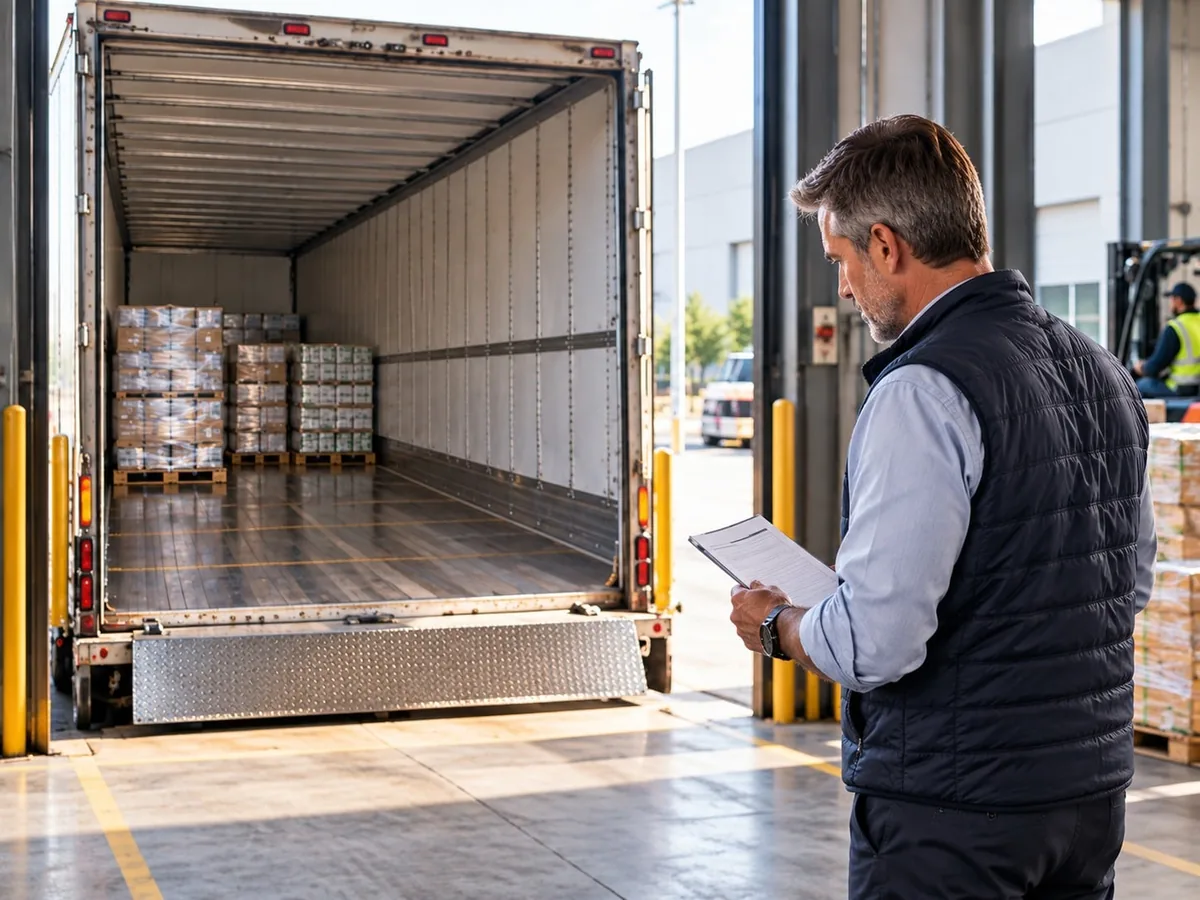 Freight manager reviewing a partially loaded trailer to find unused capacity and lower shipping costs